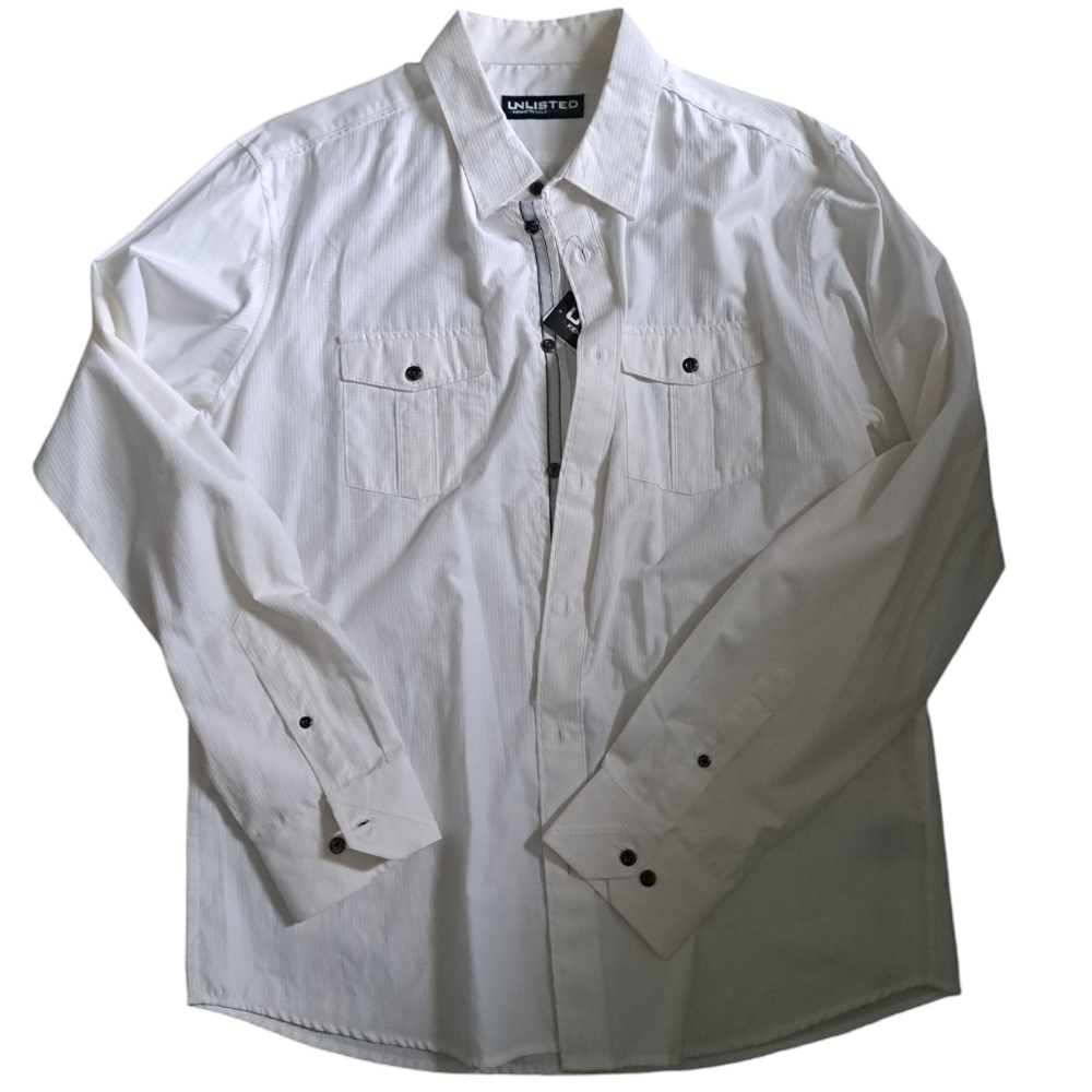 KENNETH COLE UNLISTED white cotton blend shirt button front chest pockets SZ LG